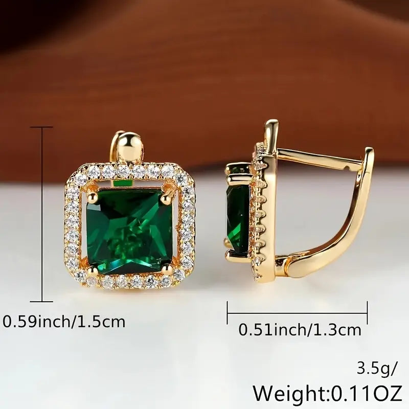 Golden Green Square Zirconia Earrings