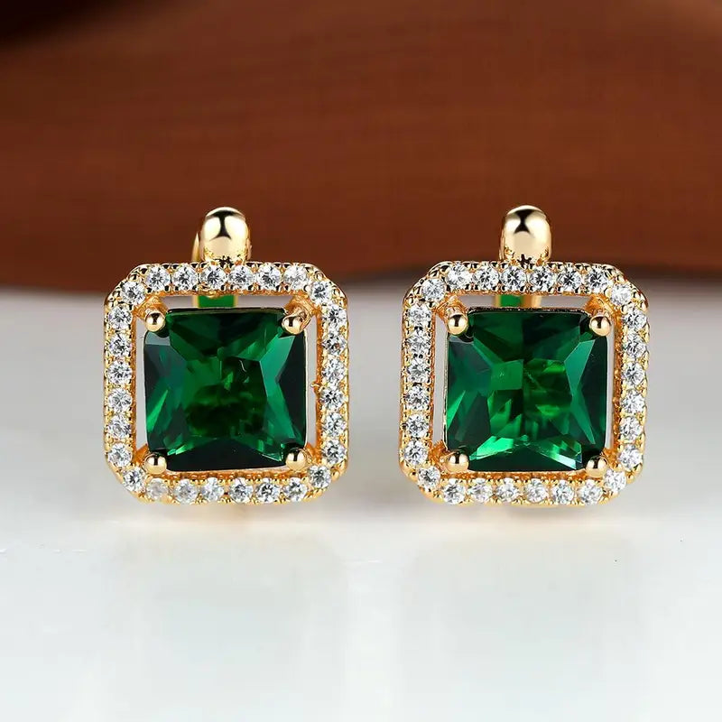 Golden Green Square Zirconia Earrings