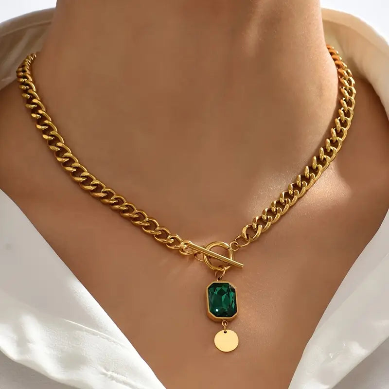 Chunky Chain Emerald Pendant Necklace