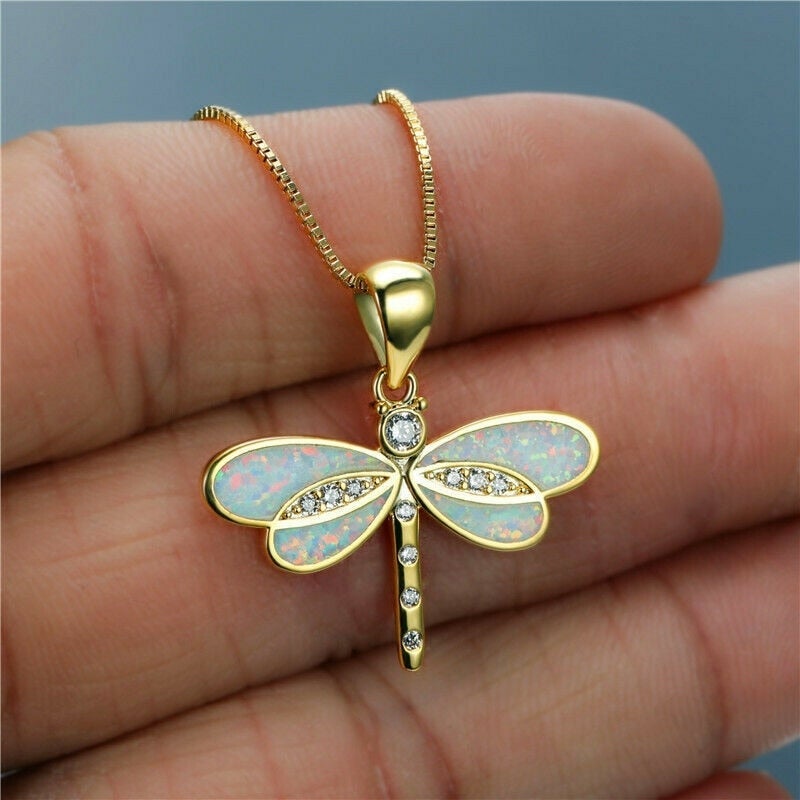 Dragonfly Necklace in Golden with Opal