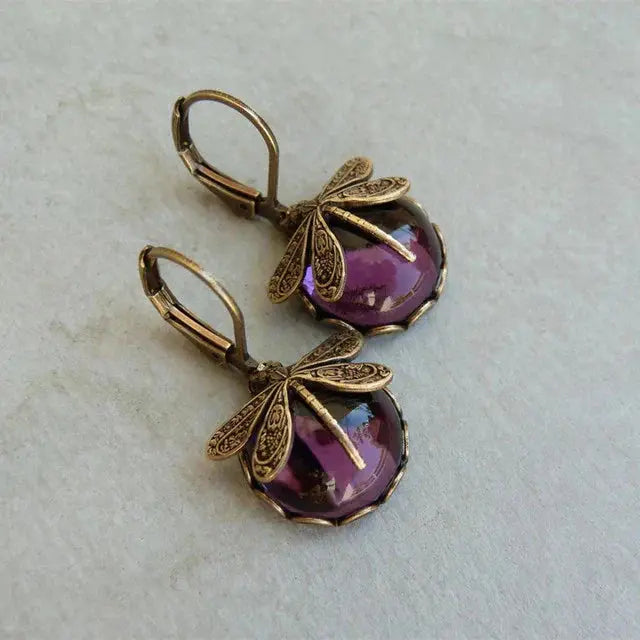 Spherical dragonfly earrings in antique golden