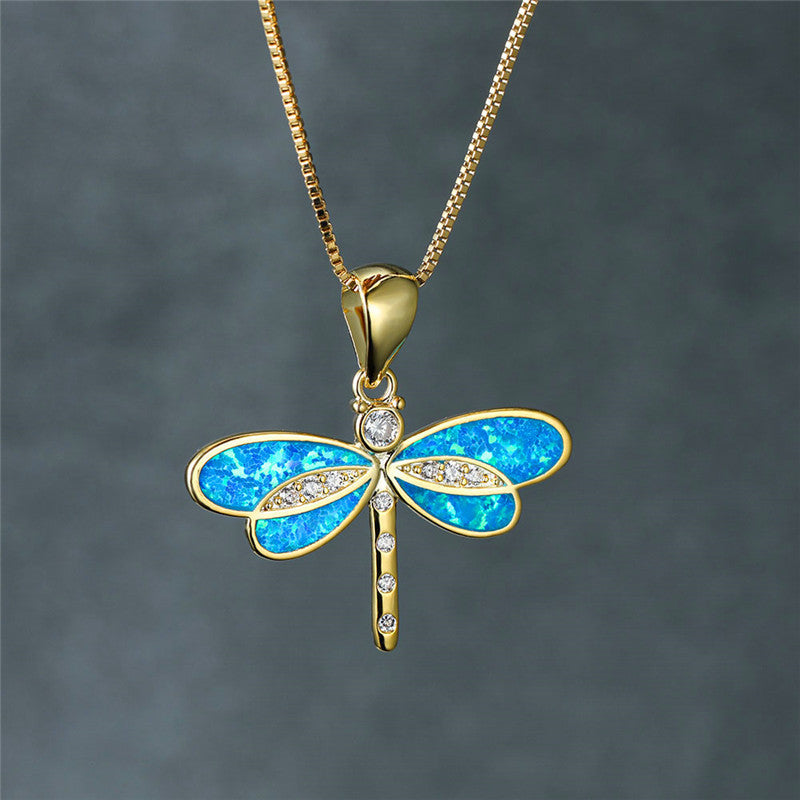 Dragonfly Necklace in Golden with Opal